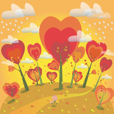 Illustration of autumn lanIllustration of autumn landscape with orange trees and falling leaves. のイラスト素材