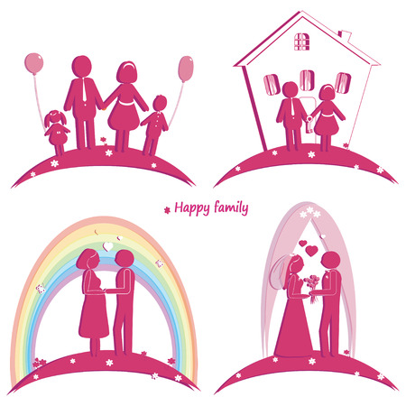Set of happy family icons. Symbol of wedding. Family house. Pregnancy and parents with son and daughter. Silhouette のイラスト素材
