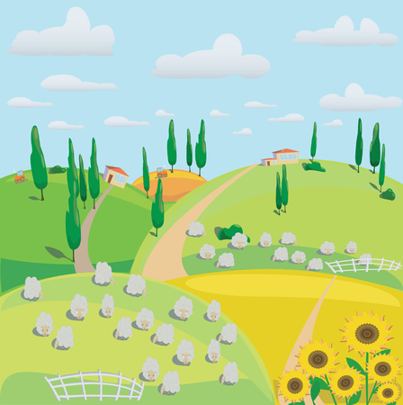landscape of meadows, sheep and harvesting crops. のイラスト素材