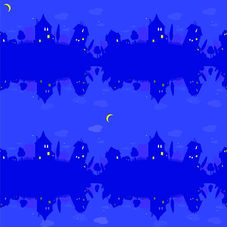 Seamless pattern with houses at the night sky background. Texture of village street. Vectorのイラスト素材
