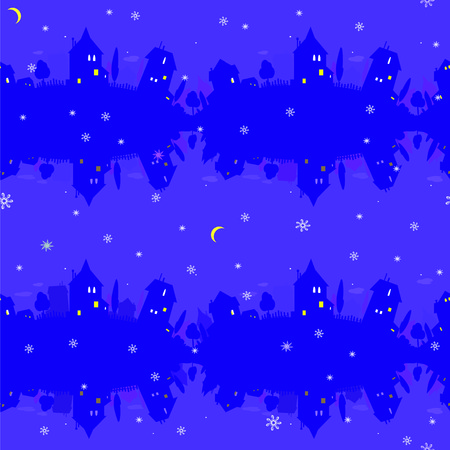 Seamless pattern with houses at the night sky and snowflake background. Vectorのイラスト素材