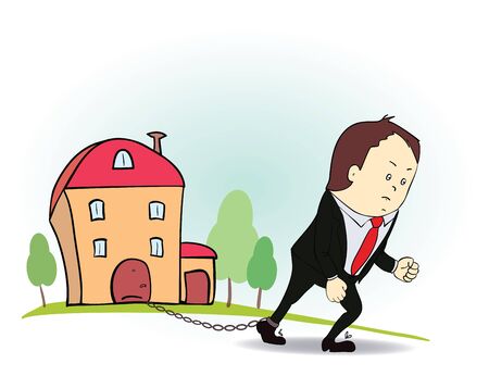 Cartoon character with iron chain and house. Colorful illustration of man and real estate in creditのイラスト素材