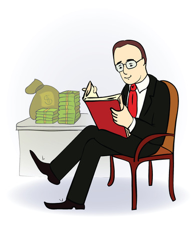 businessman with a book near the table with money. Vector illustration. Cartoon imageのイラスト素材