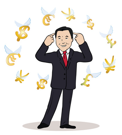 business man standing, watching for flying currency icons. White background. Banking, exchange rate concept, economy. Facial expression, reaction, body language. Illustration of thinking trader.のイラスト素材