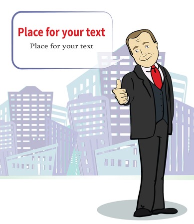 Smiling  businessman on background with big city. Cartoon character. Template with place for textのイラスト素材