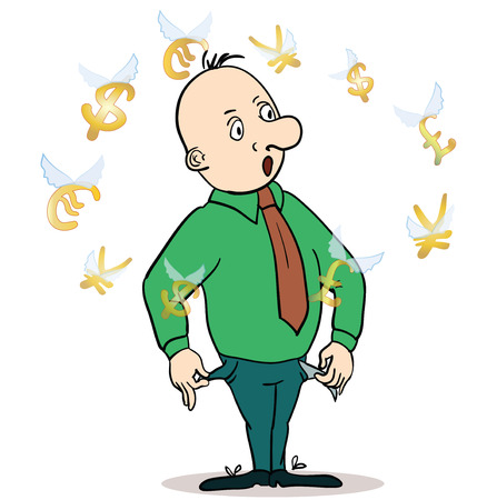 business man standing, watching for flying currency icons. White background. Banking, exchange rate concept, economy.のイラスト素材