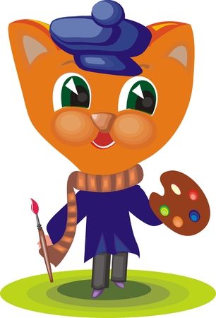 Cat clothing artist with paints and brush in hand in cartoon style on white background のイラスト素材