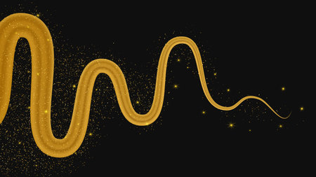 Golden wave with shiny and glitter effect on dark background. Luxury gold wave lines with glitter sparklesのイラスト素材
