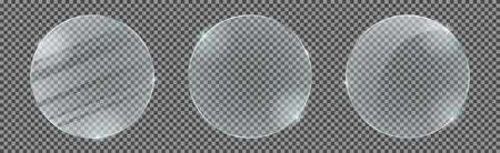 Set of circle glass plates isolated on a transparent background. Vector glass with reflection and lights effectsのイラスト素材