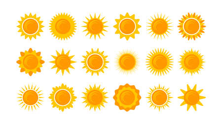 Yellow shining sun icons set. Vector summer symbols, isolated nature sky objects on white backgroundのイラスト素材