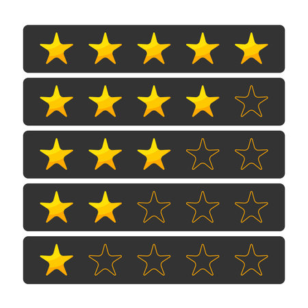 Set of ratings from one to five stars. Yellow rating stars on dark backgrounds. Feedback evaluation...