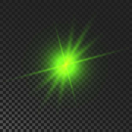 sparkling star. Green glowing flickering and flashing light on dark transparent background. Vector explosion with rays and flare effectのイラスト素材