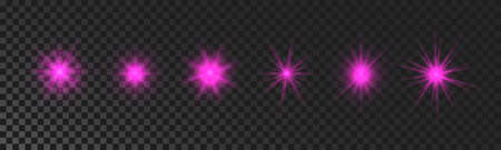 Set of sparkling stars. Purple glowing flickering and flashing lights on dark transparent background. Vector explosions with rays and flare effectのイラスト素材