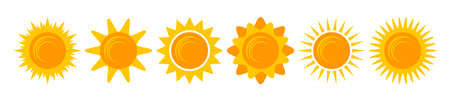 Yellow shining sun icons set. Vector summer symbols, isolated nature sky objects on white backgroundのイラスト素材