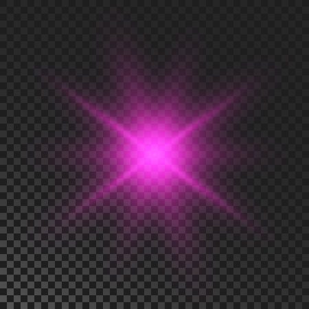 Sparkling star. Purple glowing flickering and flashing light on dark transparent background. Vector explosion with rays and flare effectのイラスト素材