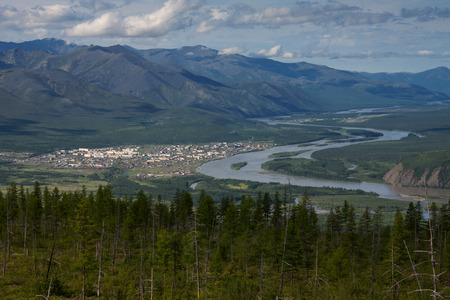Aerial view of the village of Ust-Nera and the river Indigirka. Yakutia. Russia.の写真素材