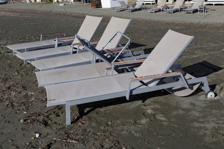 Empty sunbeds on the beach out of season. Cyprus. Limassol.の写真素材