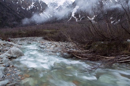 Fast stream in a mountain river. Digoriya, North Ossetia, North Caucasus, Russia.の写真素材