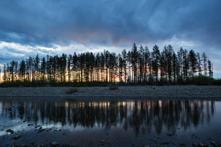 A narrow row of trees on the bank and reflected in the river. Moma River. Yakutia. Russia.の写真素材