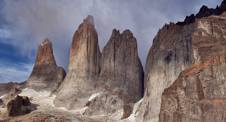 The granite towers of Torres closeup. National Park Torres del Paine. Chile.の写真素材