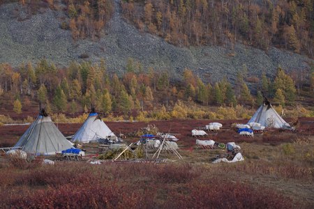 The camp of Nenets reindeer herders. Polar Urals. The Republic Of Komi. Russia.の写真素材