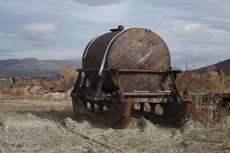 The tank is mounted on a large sled. Polar Urals. Base geologists.のeditorial素材