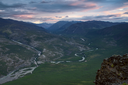 Top view on the valley of a mountain river. Ridge Chersky, Yakutia, Russia.の写真素材