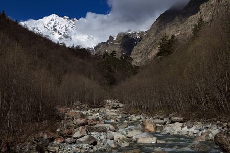 Mountain river and a snowy peak in the background. River Ceydon. The North Ossetia. The Caucasus. Russia.の写真素材