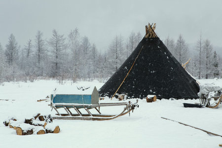 Dwelling herders in the winter. Polar Urals. Russia.の写真素材