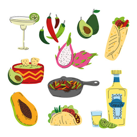 Set of cartoon traditional mexican food. Vector isolated meals in doodle style. Food and drink from...