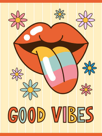70s hippie vector poster. Retro groovy print. Cartoon illustration with daisy flowers and lips with protruding rainbow tongue.のイラスト素材