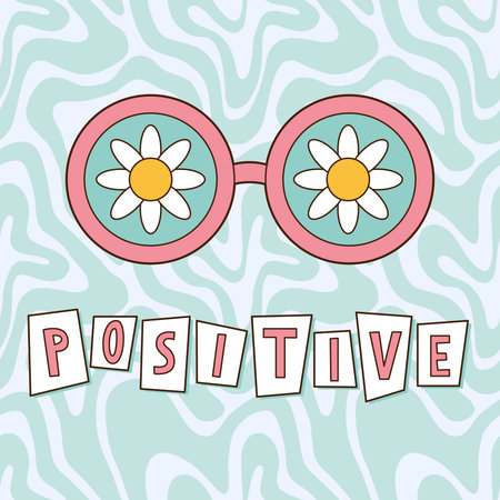 Retro 70s positive print with eyeglasses and daisy flower. Vector vintage poster with trippy wave background. Illustration for t-shirt and graphic design.のイラスト素材