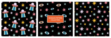 Retro 70s groovy vector seamless pattern set. Hippie funky ufo background. Cartoon cosmos with stars...