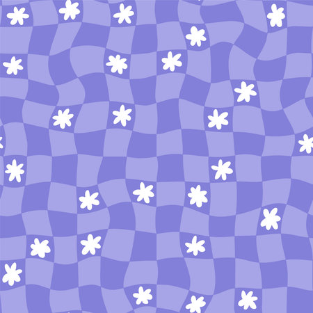 1970 trippy violet grid with daisy seamless pattern. Groovy vector background in retro style....