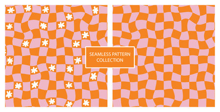 Trippy orange grid in 70s hippie style. swirl chess board seamless pattern. Set of two retro...