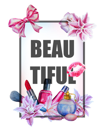 Watercolor hand drawn flowers and cosmetics print background and slogan.のイラスト素材