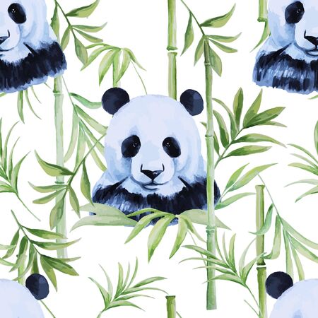 Panda, bamboo seamless pattern. Isolated. Tropical watercolor background.のイラスト素材