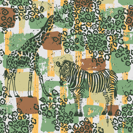 Hand drawn seamless pattern with zebra and giraffe. Use it for fabric print, or different endless textures.のイラスト素材