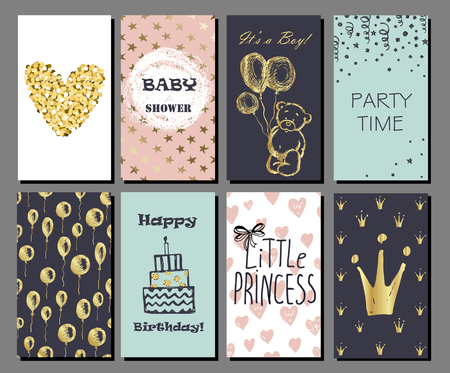 Set of hand drawn cute cards with gold Confetti glitter and foil. Perfect for baby shower, birthday, party invitation. For boys and girlsのイラスト素材