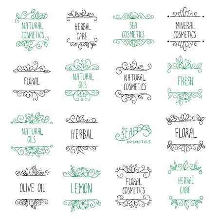 Vector set of hand drawn logos and labels for beauty shops and cosmetic industry. Natural cosmetics branding design elements.のイラスト素材