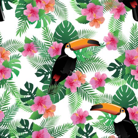 Endless tropical texture. Colorful seamless pattern with pink flowers and toucan.のイラスト素材