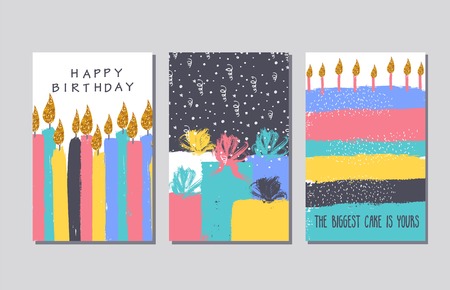 Collection of hand drawn cards and invitations with gold glitter texture. Candles, cake, gift boxes. Greeting happy birthday cards.のイラスト素材