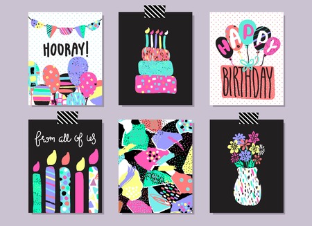 Collection of hand drawn party cards and invitations. Happy birthday creative design with hand drawn textures.のイラスト素材