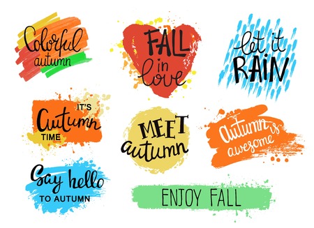 Hello autumn. Inspirational and motivational quotes, creative backgrounds. Hand drawn fall lettering.のイラスト素材