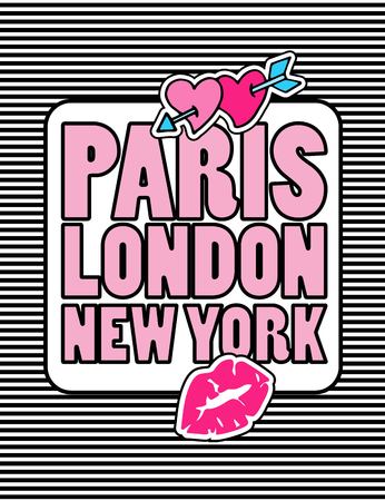 TCute fashion chic t-shirt design, background, cover with patch badges. Paris romantic design. Set of doodle stickers, pins, in cartoon 80s-90s comic style. Sign hello in french.のイラスト素材