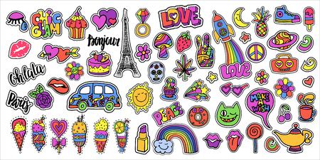 Huge set of patch badges. Set of doodle stickers, pins, in cartoon style.のイラスト素材