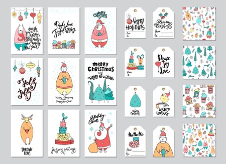 Merry Christmas greeting card and gift tag set with cute bear, santa, deer, gifts, noel and lettering. 4 seamless patterns.のイラスト素材