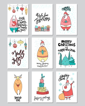Merry Christmas greeting card set with bear, santa, deer, gifts, noel and lettering.のイラスト素材