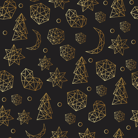 New Year and Christmas luxury gold seamless pattern with stars, balls, noel, moon and holiday elements in trendy geometric style. Greeting card, invitation, flyer.のイラスト素材