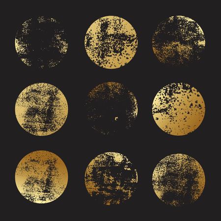 Set of golden foil round textures for , labels, branding, frames. Place for text. Golden glitter leaf foil textured circle stamps.のイラスト素材